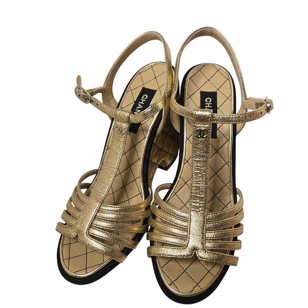 Chanel  Laminated Goatskin Quilted Wedge Sandals Size 38 - Picture 3 of 13